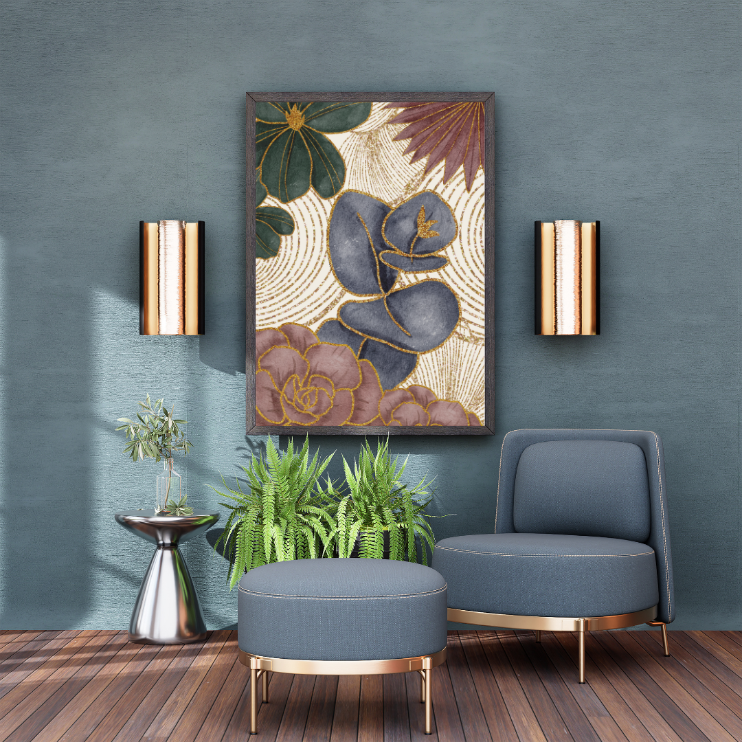 Gold Floral Digital Wall Art, Modern Minimalist Botanical Print